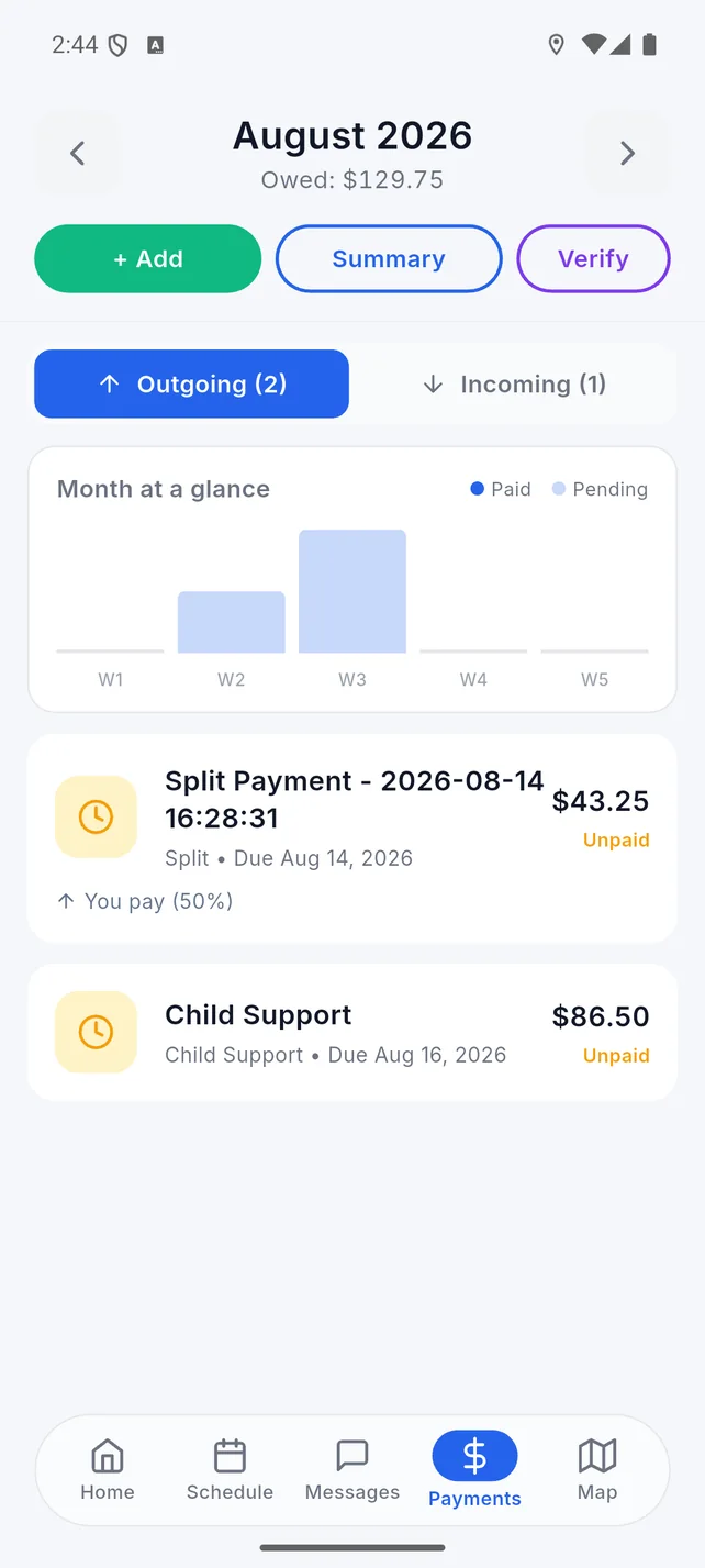 CoHarmony payments screen showing split expenses and child support with due dates