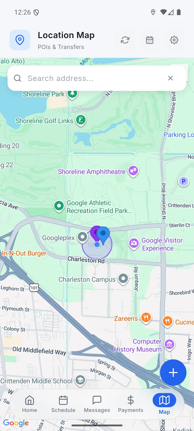 CoHarmony location map showing saved places and custody transfer points