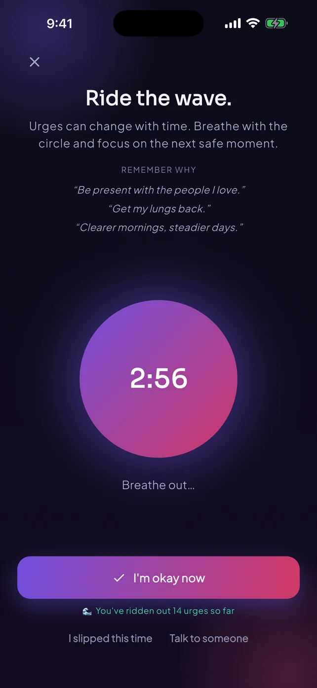 dopaMINE urge timer with a breathing circle and your own reasons to stay on track