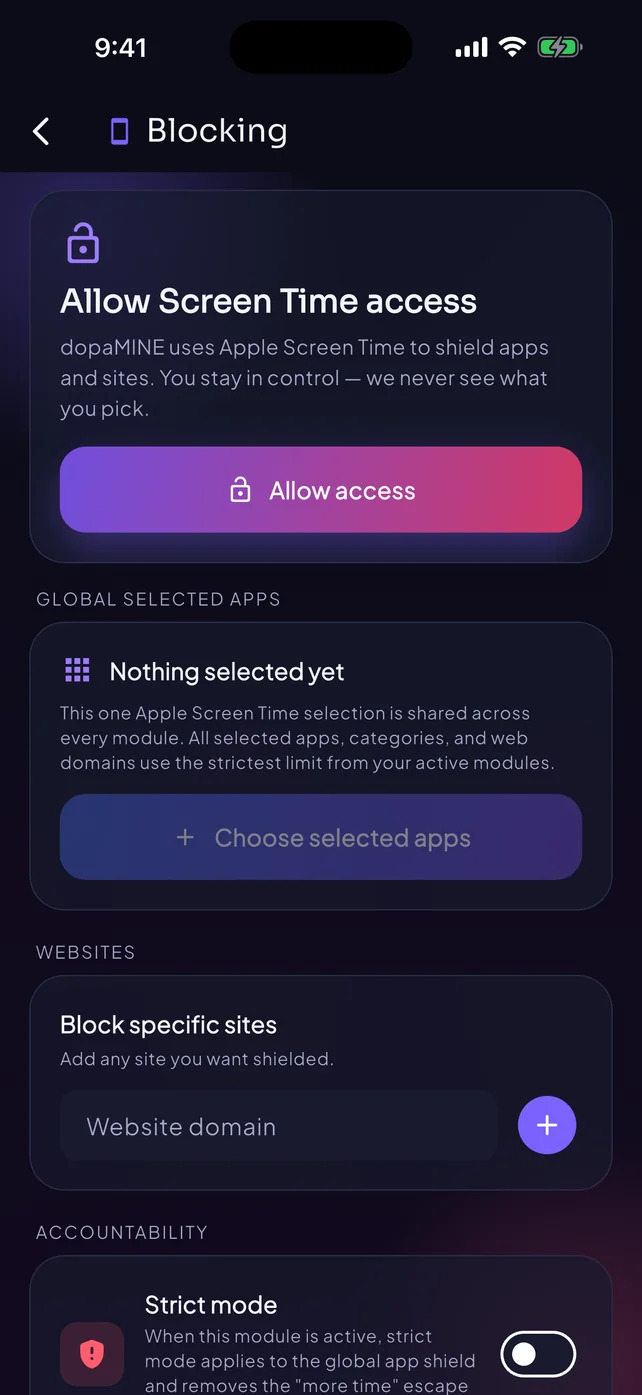 dopaMINE blocking screen using Apple Screen Time to shield apps and websites